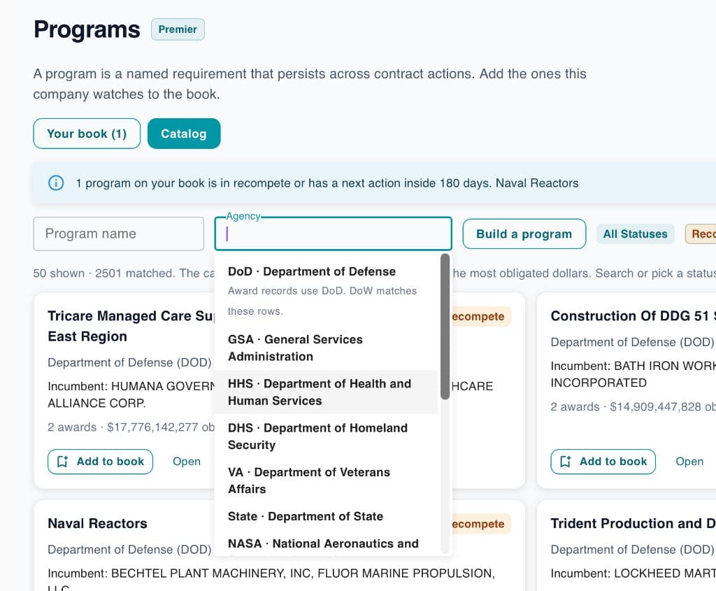 A capture book of named programs, with the incumbent, the agency, and whether the program is in recompete.