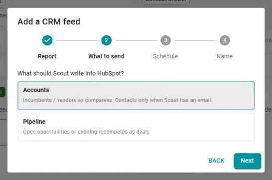 Add a CRM feed wizard: Accounts versus Pipeline, then open opportunities or expiring recompetes