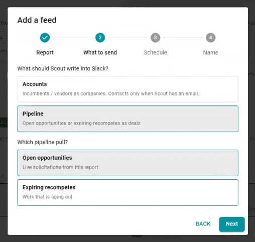 Add a feed wizard choosing Accounts or Pipeline, then open opportunities or expiring recompetes for Slack