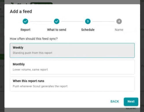 Feed schedule step with weekly, monthly, or when this report runs