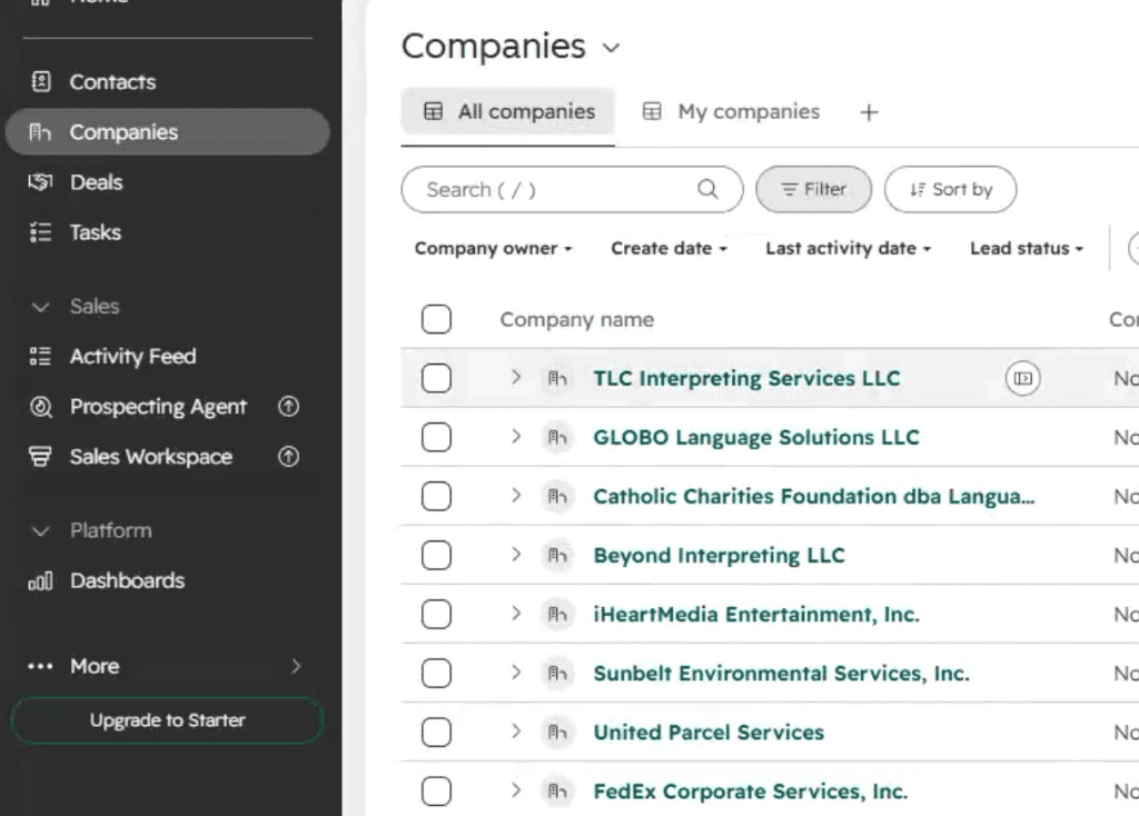 HubSpot Companies list showing incumbents landed from a SCOUT accounts feed