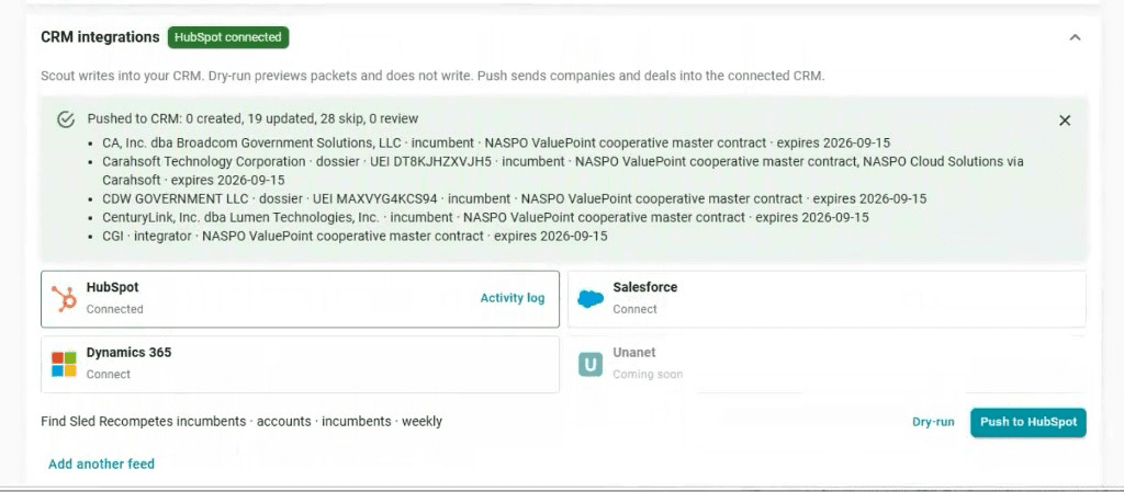 SCOUT CRM panel after pushing SLED recompete incumbents to HubSpot