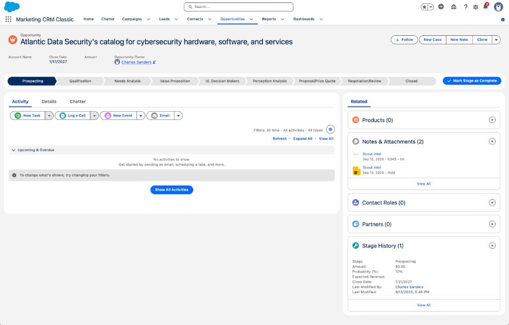 Salesforce Opportunity after a SCOUT land — Atlantic Data Security cybersecurity catalog, Prospecting stage, SCOUT intel notes on the record