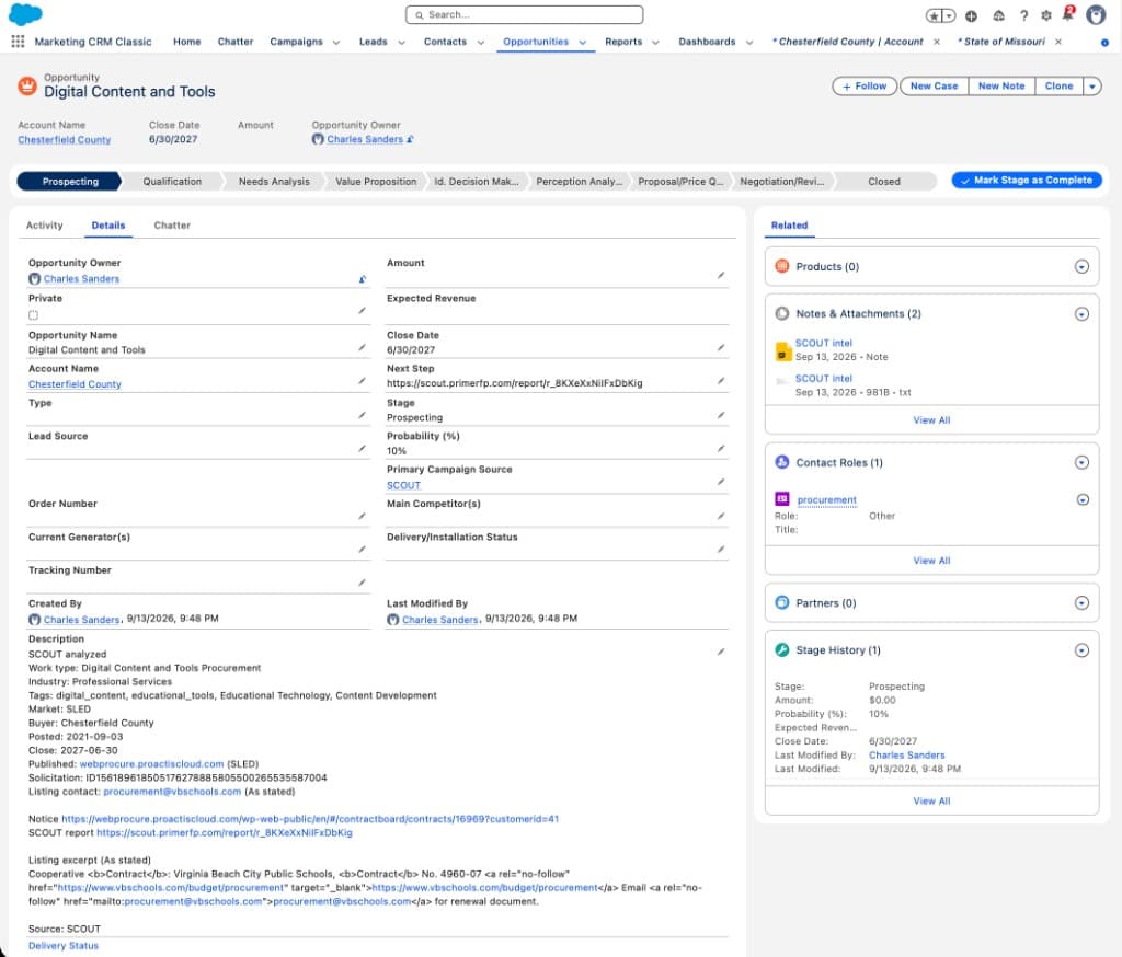 Salesforce Opportunity Details for Digital Content and Tools with SCOUT report URL