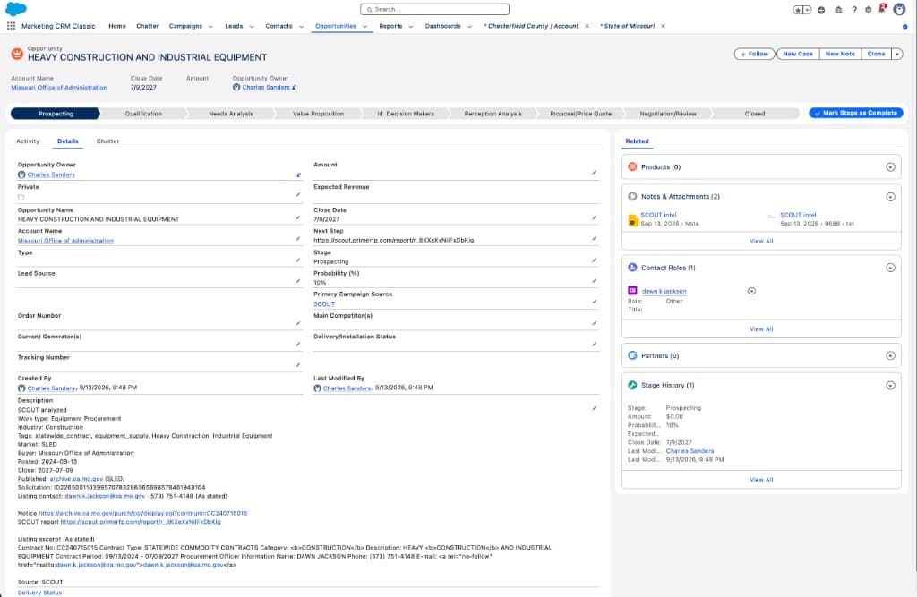 Salesforce Opportunity Details for Heavy Construction and Industrial Equipment with SCOUT report URL