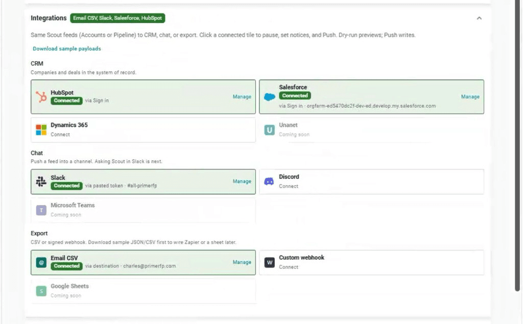 SCOUT Account Settings with HubSpot, Salesforce, and Dynamics destinations