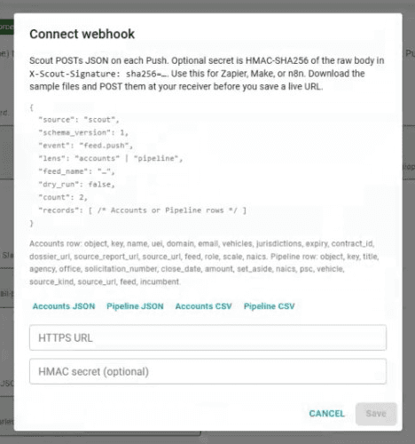 Connect webhook dialog showing SCOUT JSON schema, sample payload tabs, HTTPS URL, and optional HMAC secret